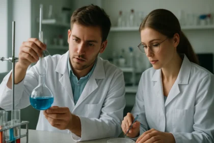 Két tudós kémiai kísérletet végez egy laboratóriumban.