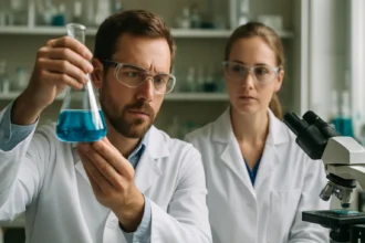 Két tudós laboratóriumban vizsgál egy kémiai folyadékot.