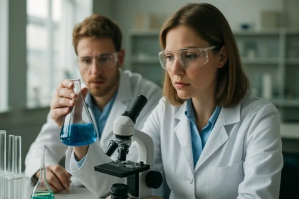 Két kémikus laboratóriumi környezetben kék folyadékot vizsgál.