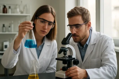 Két kutató laboratóriumi kísérletet végez, kémiai oldatokat vizsgálva.