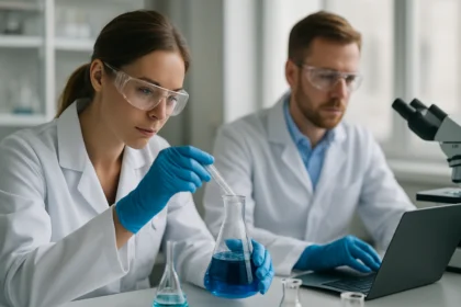 Kémikusok laboratóriumban kémiai kísérleteket végeznek