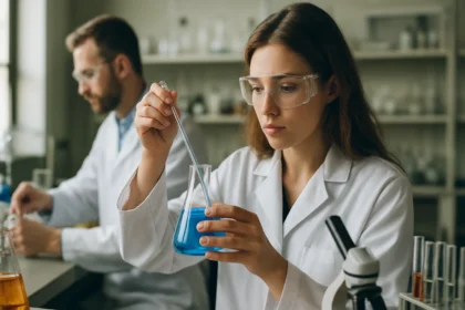 Kémiai kísérlet folyik a laborban, fiatal nő végzi az elemzést.