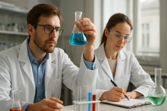 Két kutató laboratóriumban titrálást végez, kémiai reakciókat figyelnek meg.