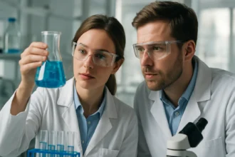 Két kutató laboratóriumban kémiai vizsgálatot végez.