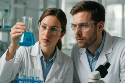 Két kutató laboratóriumban kémiai vizsgálatot végez.