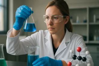 Kémikus laboratóriumban, kék folyadékot vizsgálva