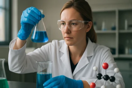 Kémikus laboratóriumban, kék folyadékot vizsgálva