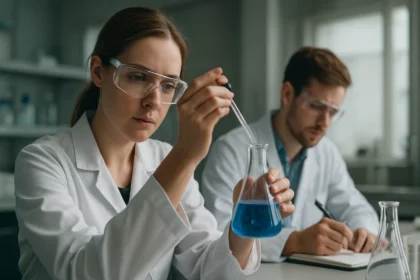 Két kutató laboratóriumban, az egyik perkénessavat vizsgálja