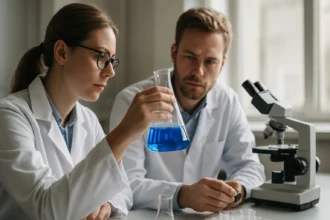 Kémikusok kék folyadékkal töltött lombikot vizsgálnak laboratóriumban.