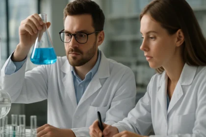 Kémikusok laboratóriumban, perklórsav vizsgálata