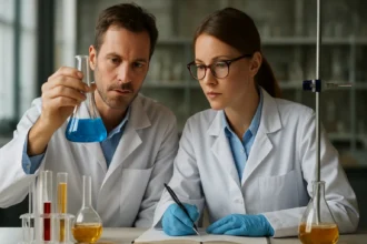 Két laboratóriumi kutató kémiai reakciót vizsgál, permanganát alkalmazásával.