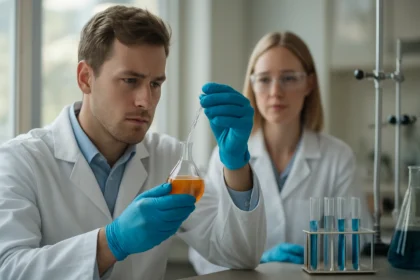 Kémiai laboratóriumban permanganometriai titrálás folyamatban.