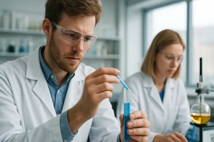 Két tudós laboratóriumban kísérletezik különböző folyadékokkal.