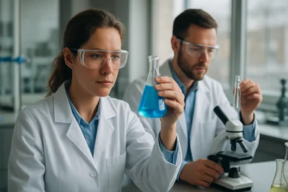 Laboratóriumi kutatók szűrési folyamatokat és permeátumot vizsgálnak.