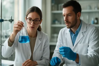 Két kémikus laboratóriumban kék folyadékot vizsgál.