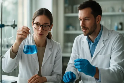 Két kémikus laboratóriumban kék folyadékot vizsgál.