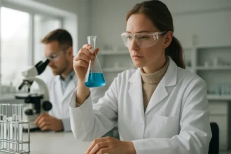 Nő laboratóriumban kék oldatot vizsgál egy kémcsőben.