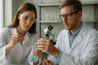 Két tudós laboratóriumban, kémiai kísérletet végezve