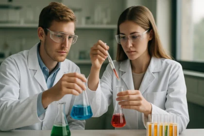 Két tudós laboratóriumban kémiai reakciót végez, különböző színű folyadékokkal.