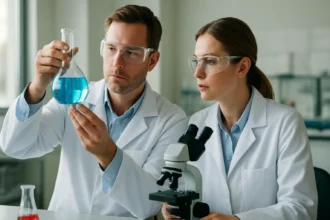 Két kutató laboratóriumi kísérletet végez, kémiai anyagot vizsgálnak.