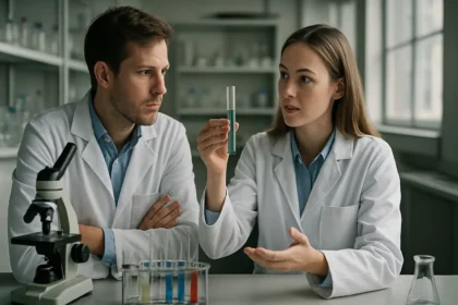 Két tudós beszélget a metilén-jodidról laboratóriumi környezetben.