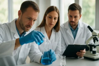 Kémikusok kísérletet végeznek peroxikenvisavval laboratóriumban.