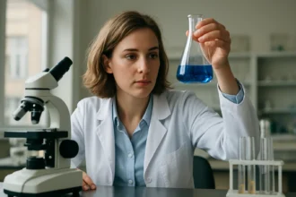 Laboratóriumi szakember peroxi-monokénsavat vizsgál a kémcsőben.