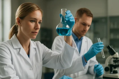 Két laboratóriumi dolgozó kísérletezik peroxosavakkal.