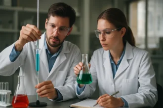 Két kutató laboratóriumban kémiai kísérleteket végez