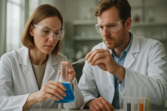 Kutatók petrokémiai anyagokkal végzik kísérleteiket laboratóriumban.