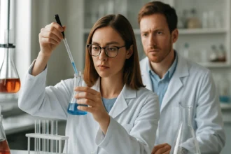 Kémikusok laboratóriumban, béta-fellandrén vizsgálata