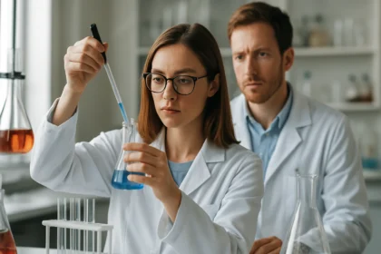 Kémikusok laboratóriumban, béta-fellandrén vizsgálata