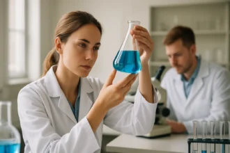 Kémikus ellenőrzi a kék folyadékot laboratóriumi üvegben.