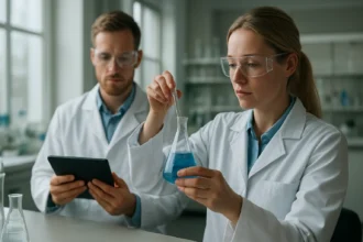 Két kutató laboratóriumban UHMW PE vizsgálatot végez.