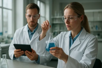 Két kutató laboratóriumban UHMW PE vizsgálatot végez.