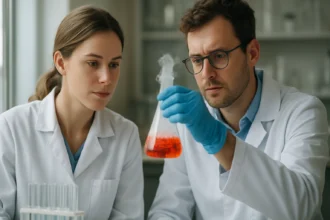 Tudósok laboratóriumban klór-trifluoriddal végzett kísérletet figyelnek.