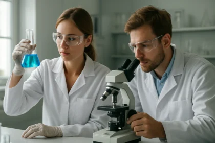 Két vegyész laboratóriumban kémiai kísérletet végez.