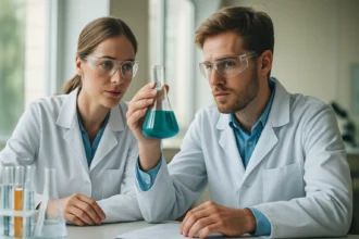 Két tudós a laborban kék folyadékot vizsgál egy kémcsőben.