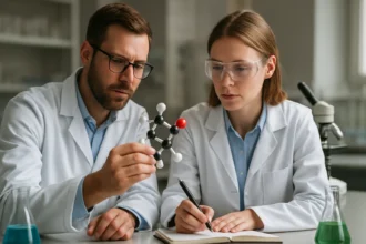 Két kutató borkősav molekulát vizsgál a laboratóriumban