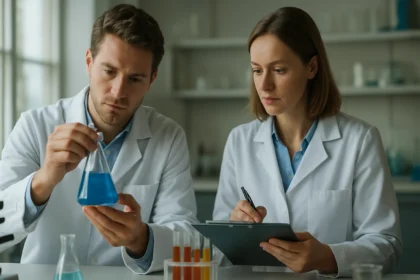 Kémikusok a kolorimetriai kísérleten, színek és mérés tudománya.