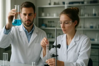 Két tudós laboratóriumban nemvasfémek kémiai vizsgálatát végzi.