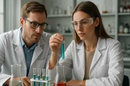 Kémikusok laboratóriumi kísérletet végeznek kromatográfiával