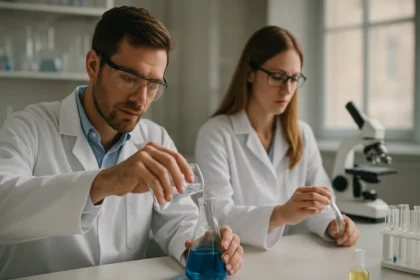 Két kémikus laboratóriumban oktanol kísérletezés közben