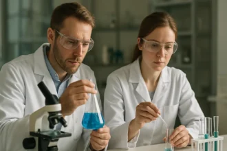 Két kutató paraformaldehidet vizsgál a laboratóriumban.