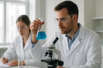 Kémiai laboratóriumi munka: kék folyadék vizsgálata