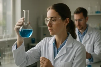 Laboratóriumi kísérlet acetofenonnal, kék oldatban