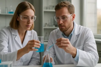 Két tudós kémiai reakciót végez laboratóriumban