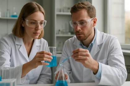 Két tudós kémiai reakciót végez laboratóriumban