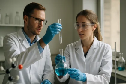 Két kémikus laboratóriumban kísérletet végez, kémiai eszközökkel.