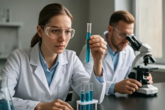 Laboratóriumi kutatás PFOS vegyületekkel, két tudós analitikai munka közben.